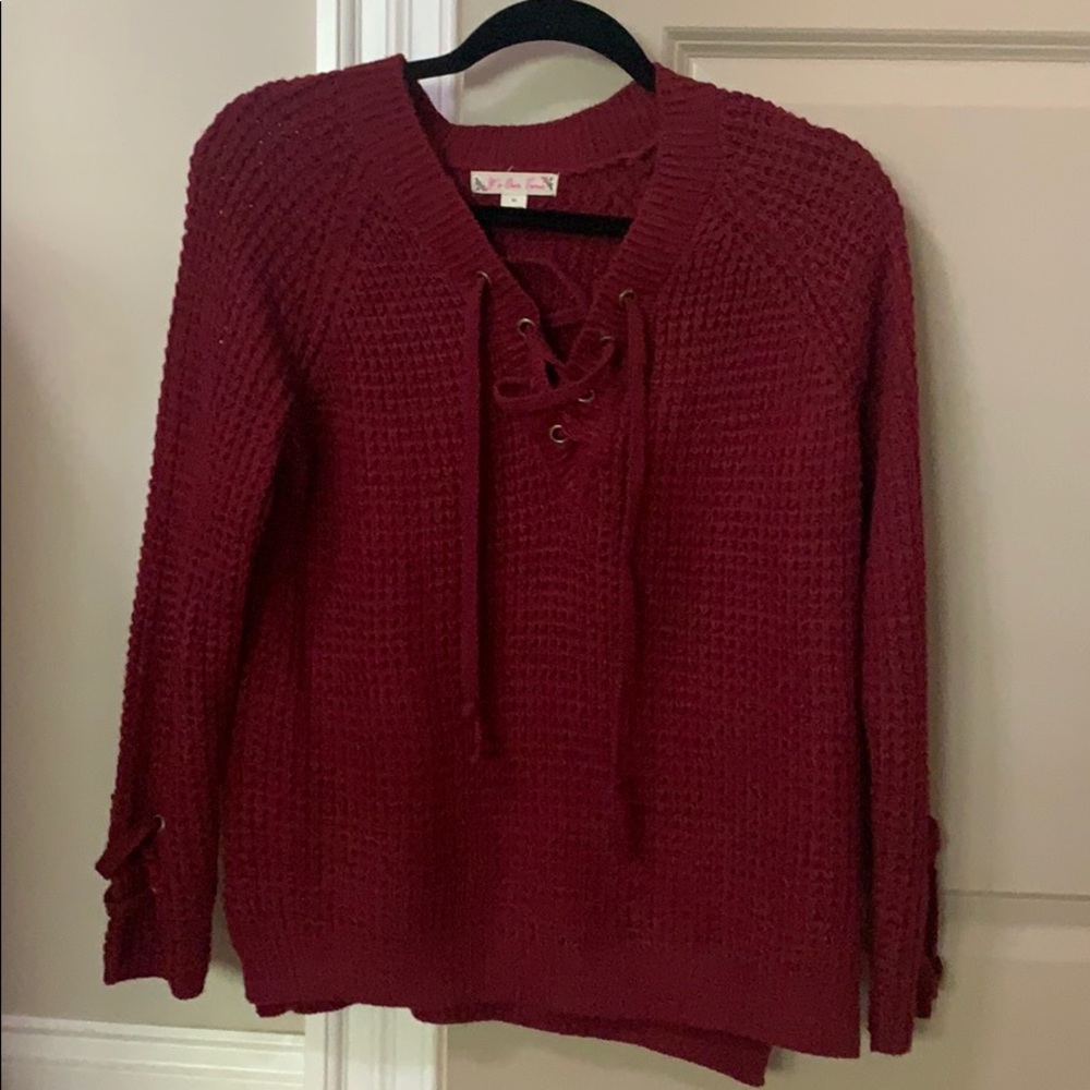 criss cross tie up burgundy sweater